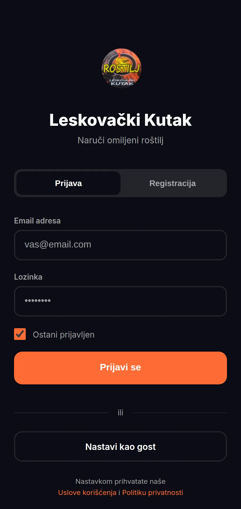 Customer login for the Leskovački Kutak application