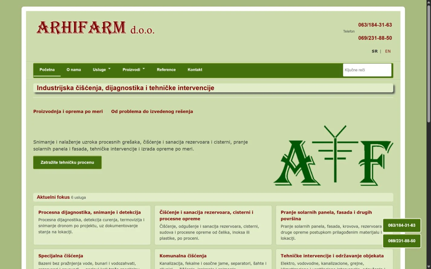 Naslovna strana sajta ARHIFARM sa industrijskim uslugama i aktuelnim fokusom