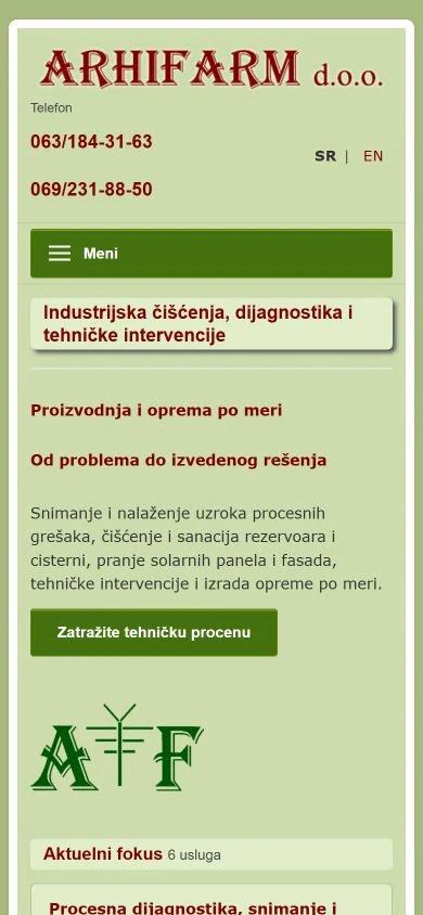 Naslovna strana sajta ARHIFARM na telefonu