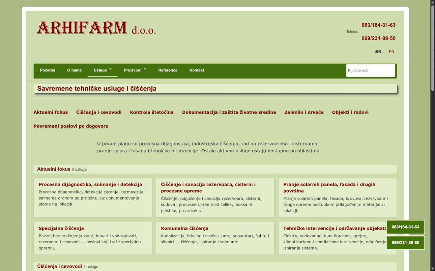 Strana usluga ARHIFARM sa grupama tehničkih usluga i čišćenja