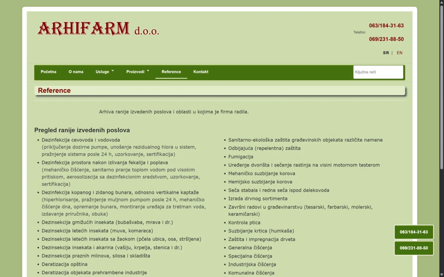 Strana referenci ARHIFARM sa pregledom izvedenih poslova