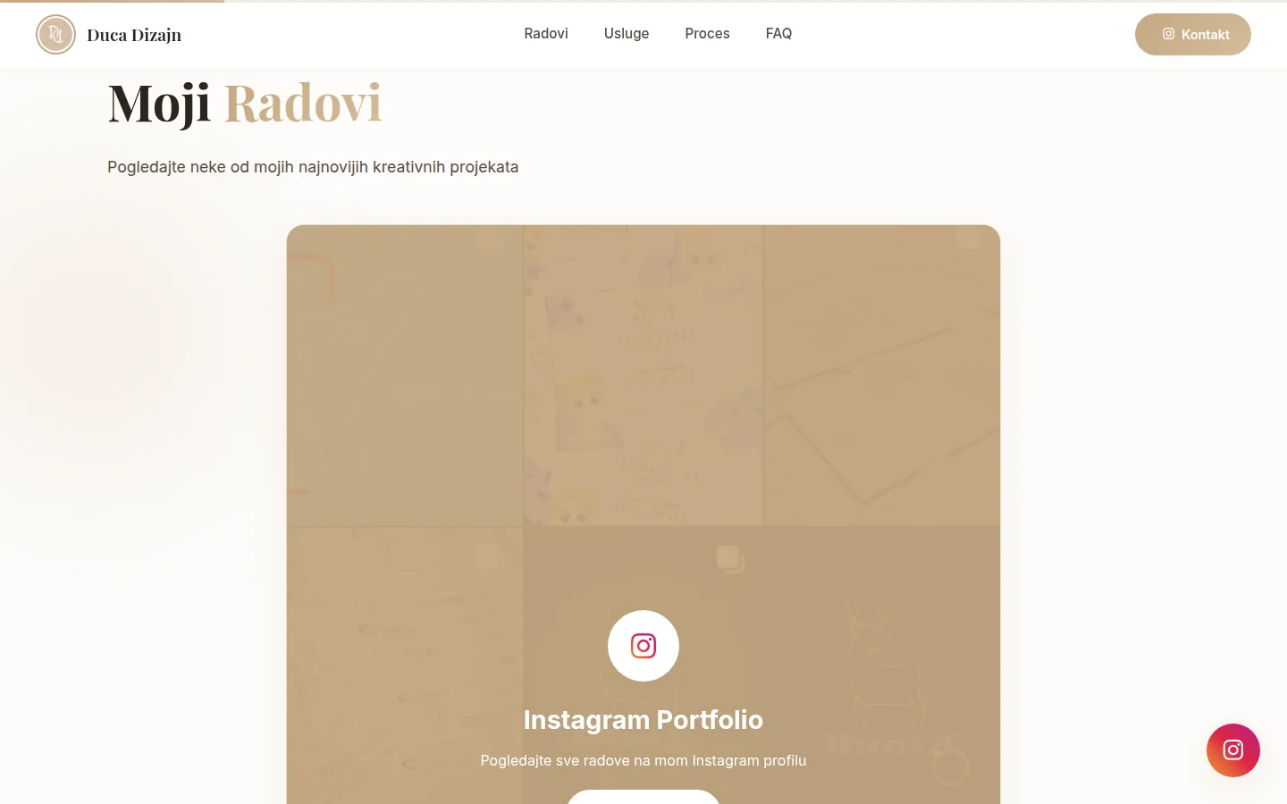 Sekcija Moji Radovi sa karticom Instagram portfolija