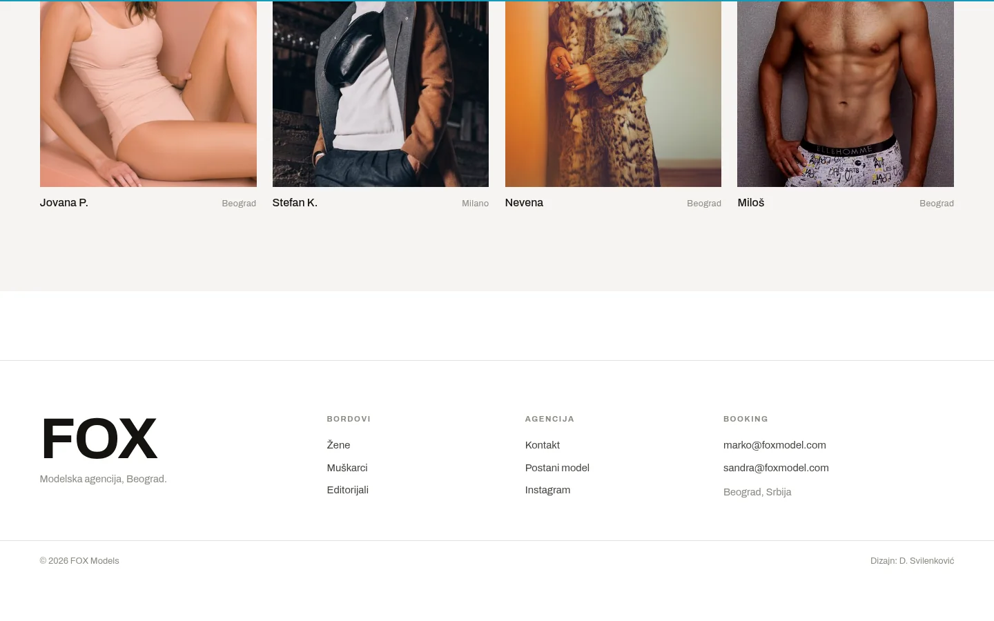Podnožje sajta FOX Models sa kolonama Bordovi, Agencija i Booking