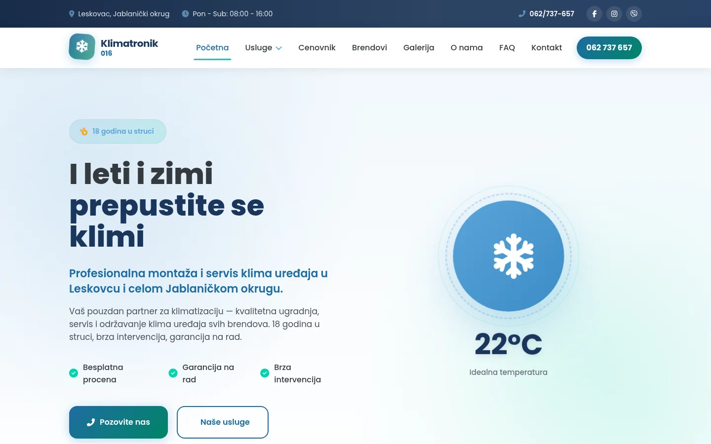 Naslovna strana sajta Klimatronik 016 sa sloganom I leti i zimi prepustite se klimi