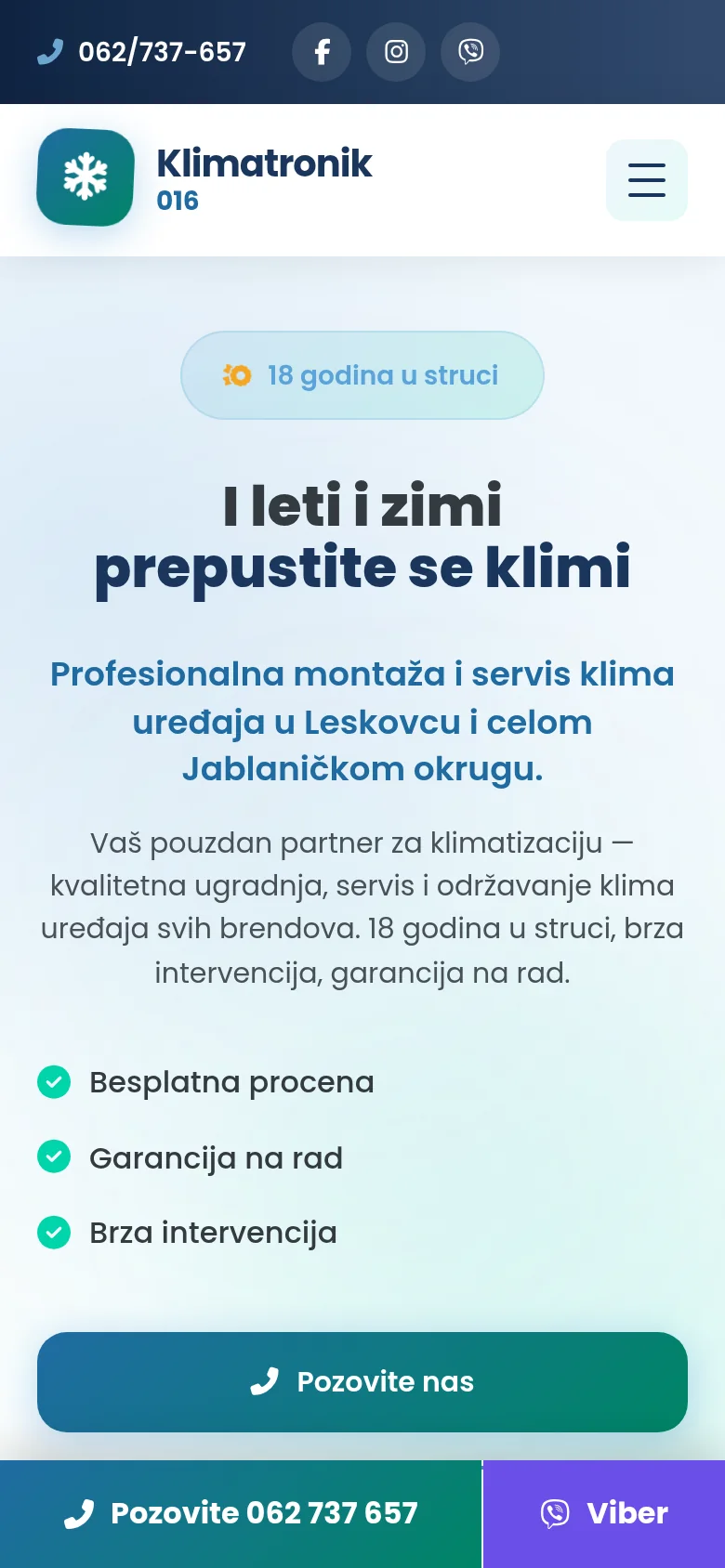 Sajt Klimatronik 016 na telefonu