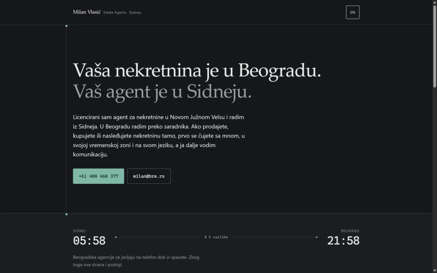Naslovna strana sajta Milana Vlasića za nekretnine u Beogradu i Sidneju