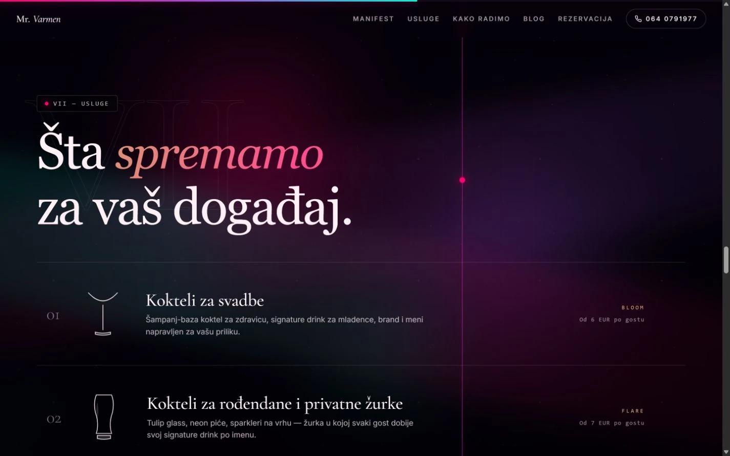 Ponuda koktela za svadbe, rođendane i privatne događaje na sajtu Mr. Varmen
