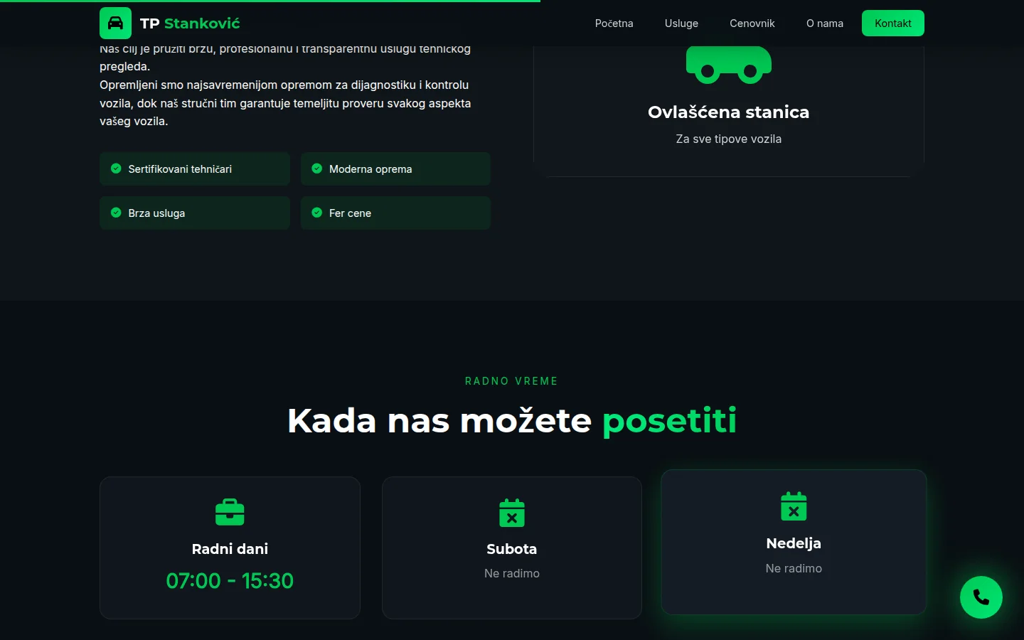 Sekcija o stanici i radno vreme po danima