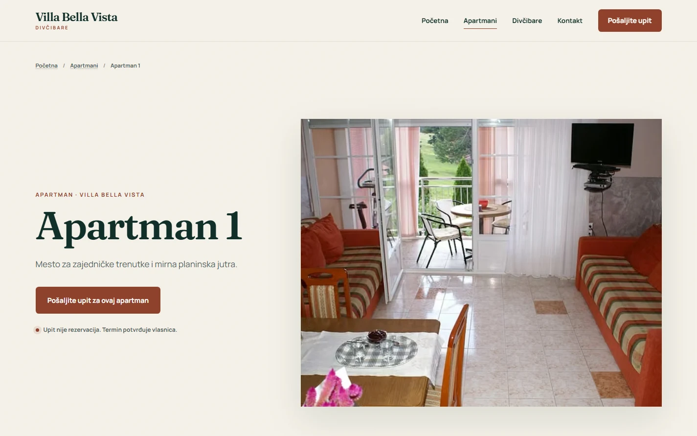 Strana Apartmana 1 na sajtu Villa Bella Vista sa fotografijom enterijera