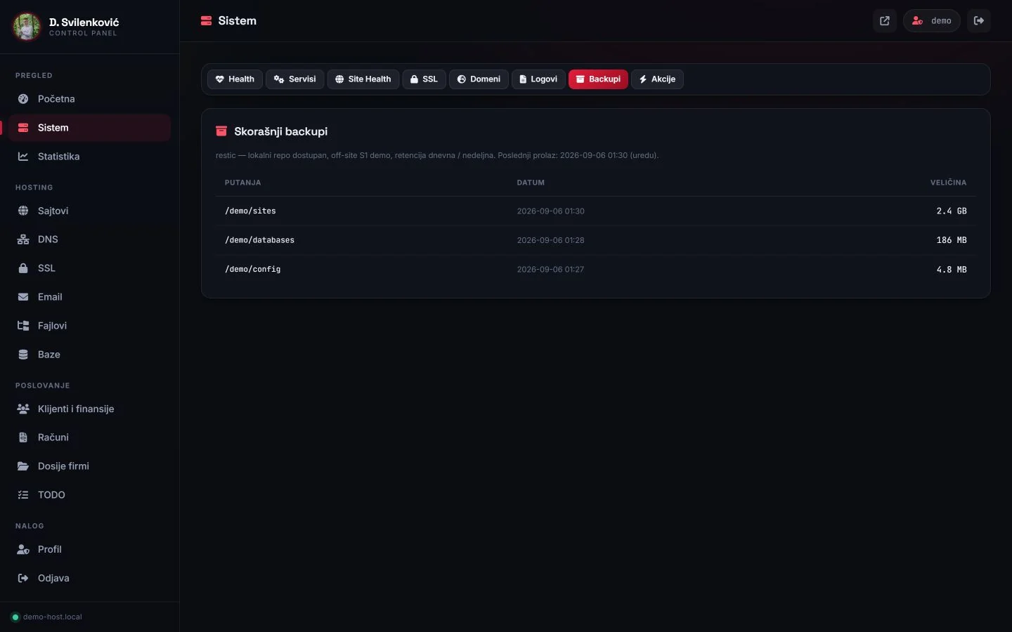 Backup overview with test paths, dates and sizes