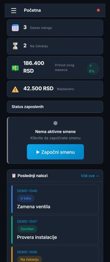 Mobile field service dashboard with test data
