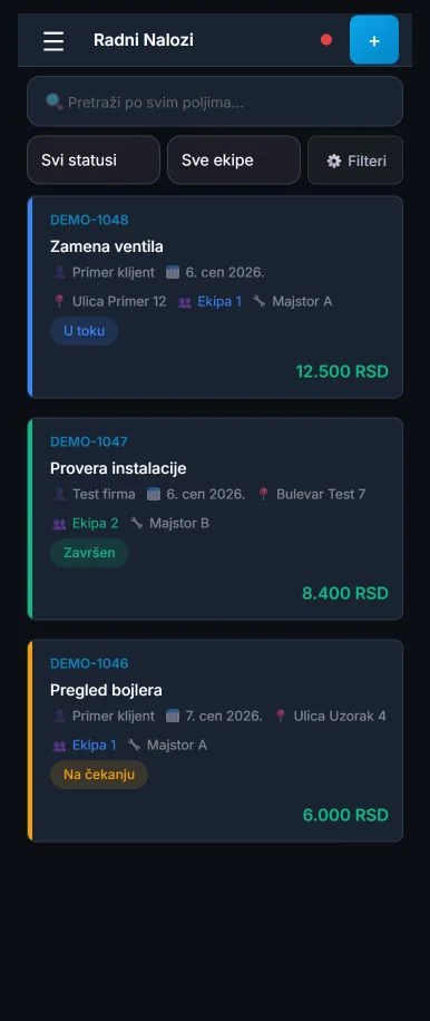 Mobile view of test work orders