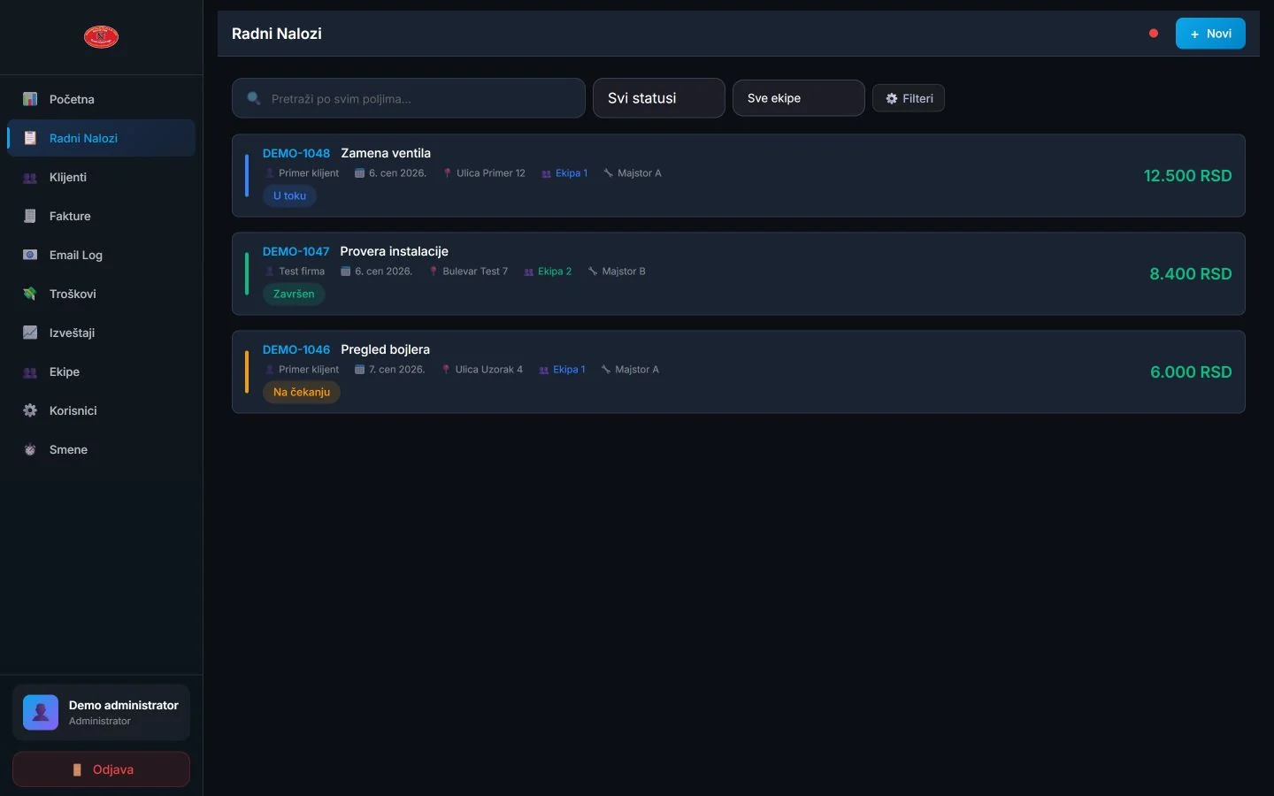 Desktop list of test work orders with teams and statuses