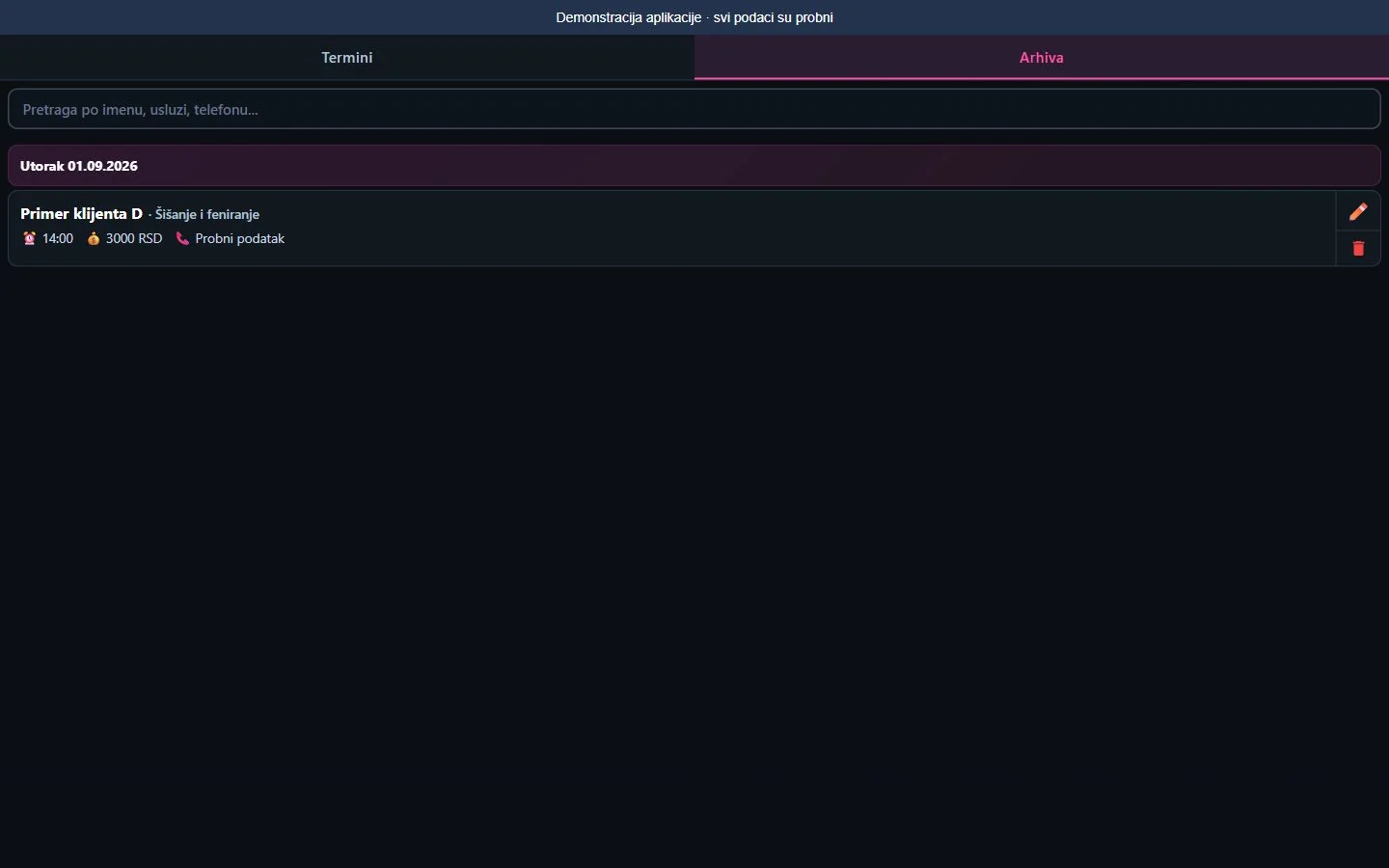 Appointment archive containing demonstration data only