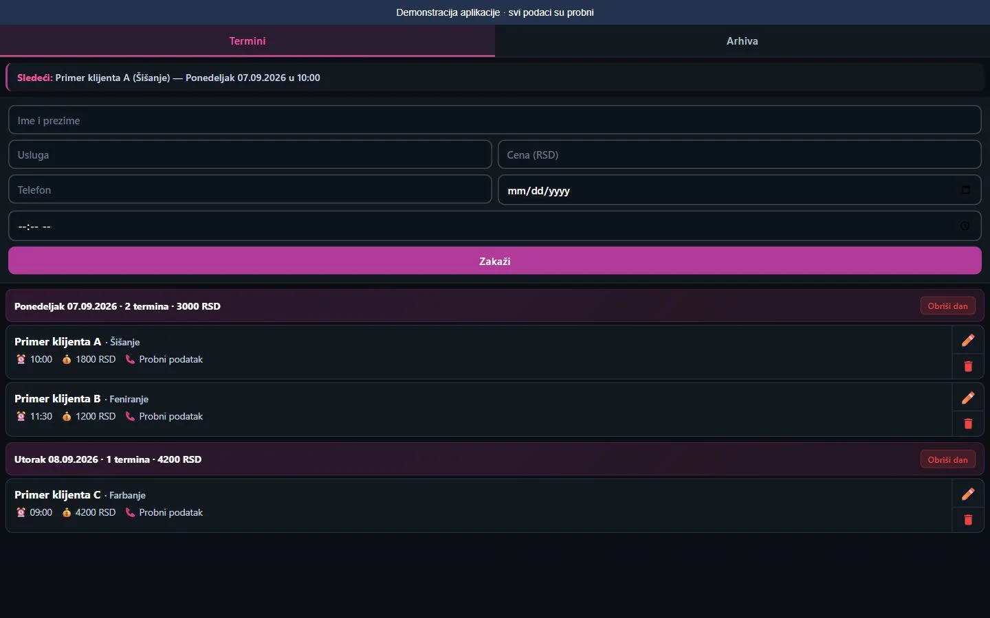 Salon booking application overview with demonstration data
