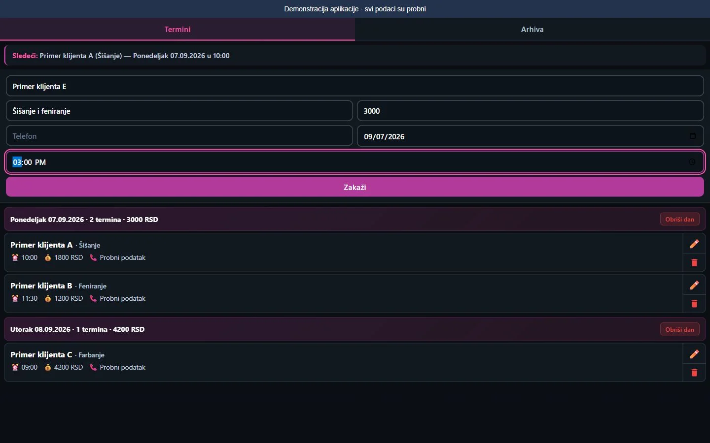 Salon appointment form with a demonstration client