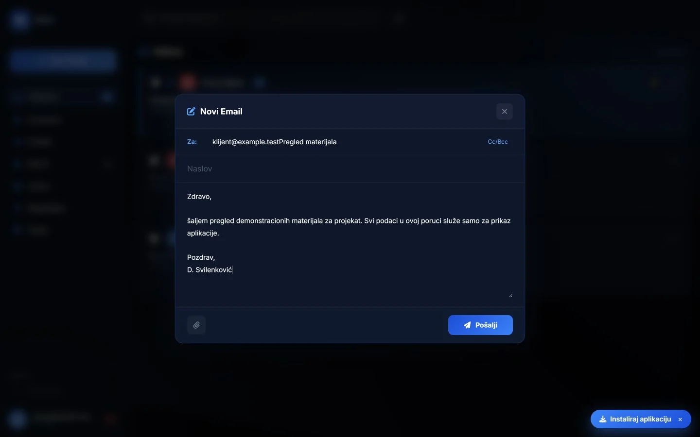 Desktop form for composing a test email
