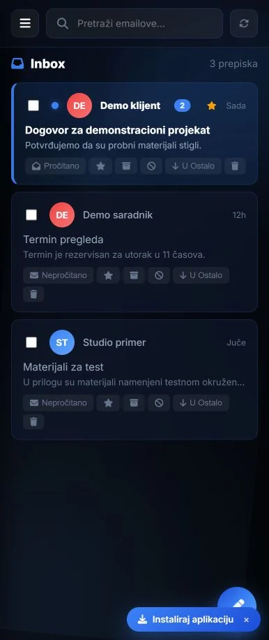 Mobile Svilenković Mail inbox with test messages