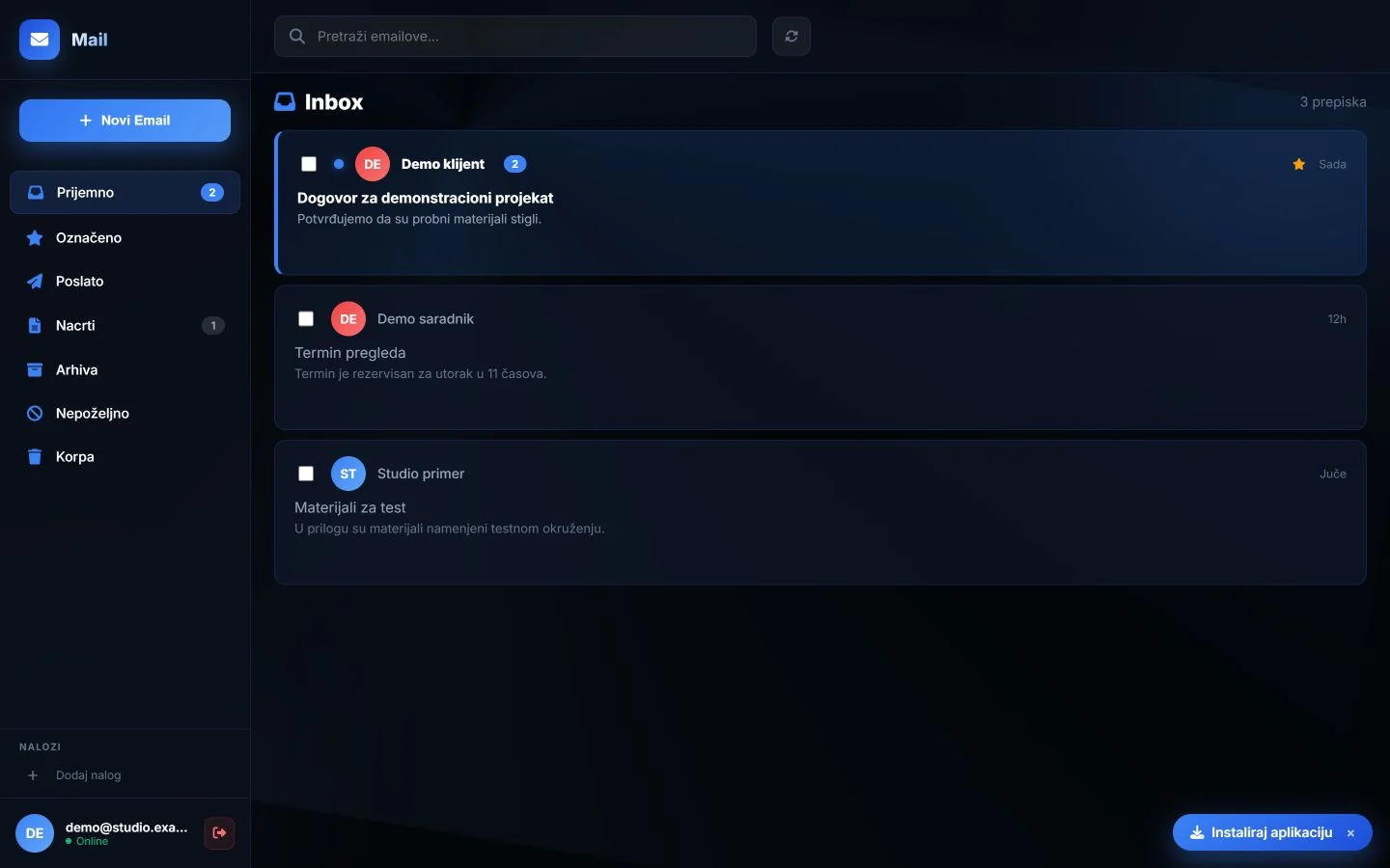 Svilenković Mail inbox containing test messages and accounts only