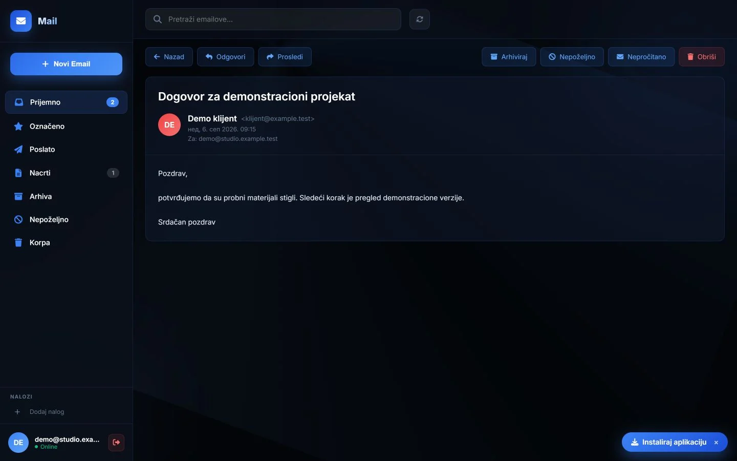 Desktop view of a test email conversation grouped into a thread