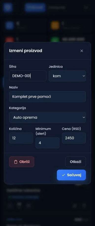Mobile form for editing a test product