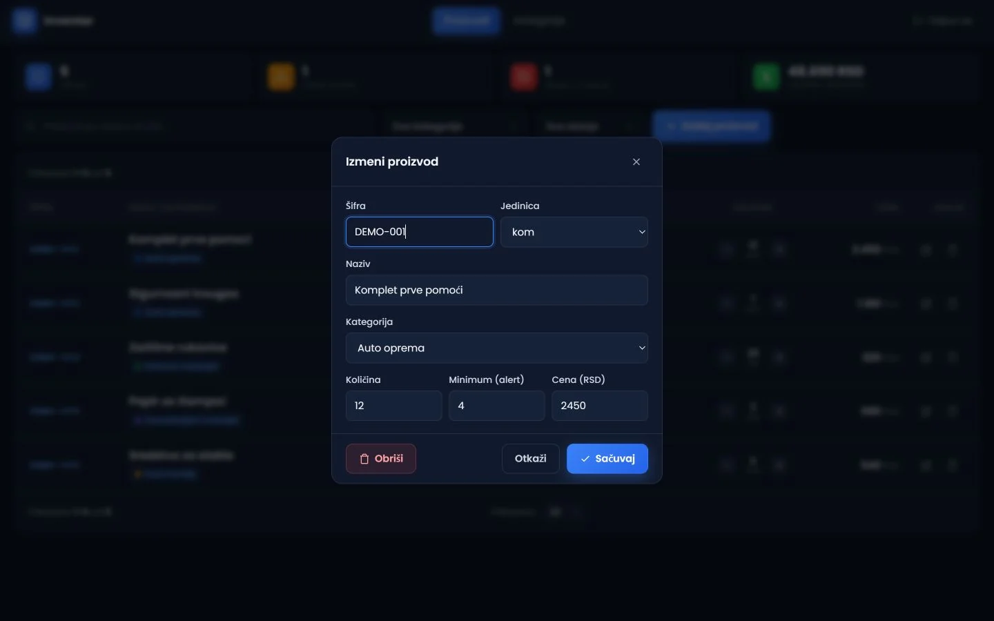 Form for editing a test inventory product
